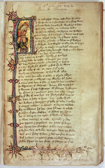 Page de texte avec initiale historiée représentant le rêveur, de Piers Plowman par William Langland - English School
